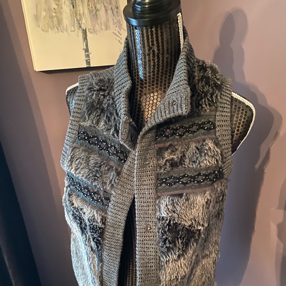Miss Me vest.  Like new.  Beautiful knitting, beading and faux fur.  Very soft.